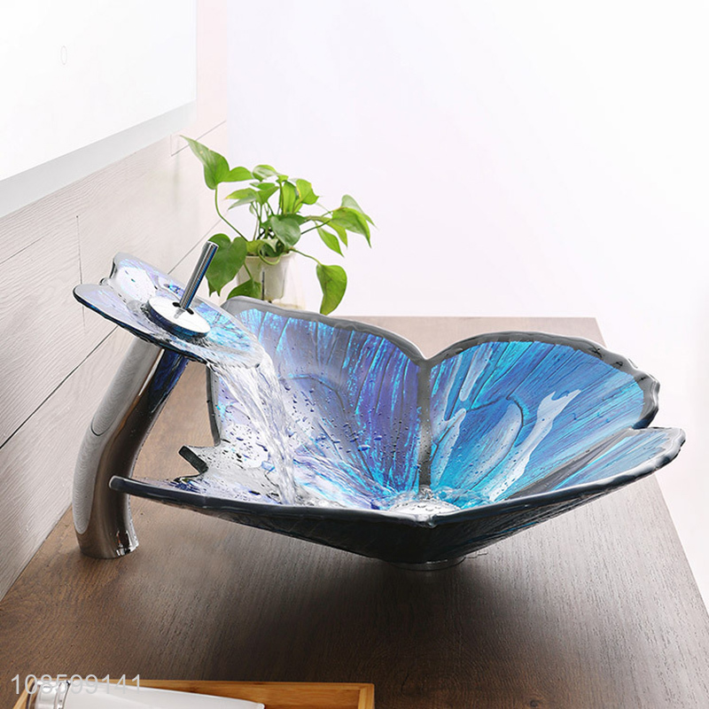 New product butterfly shaped glass wash basin bathroom sink set