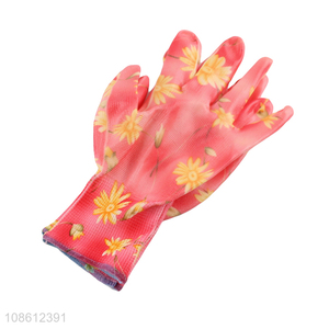 Hot selling floral print pu coated anti-slip safety work gloves