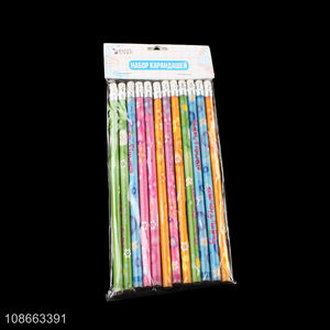 Hot selling 12pcs wooden pencils with erasers office school supplies