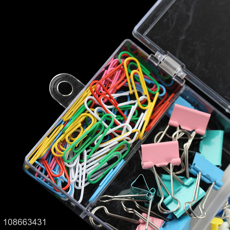 Wholesale office clips set with 50pcs paper clips, 40pcs push pins & 10pcs binder clips