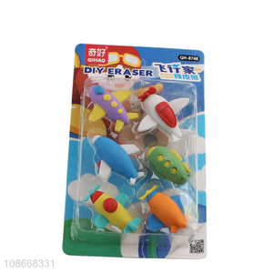 Factory price 6pcs cartoon kids plane shape eraser set for school