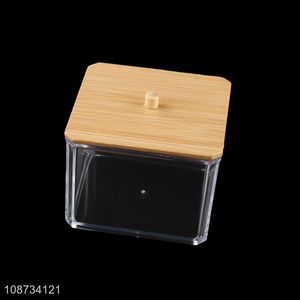 Hot products square clear cotton swab storage box with bamboo lid