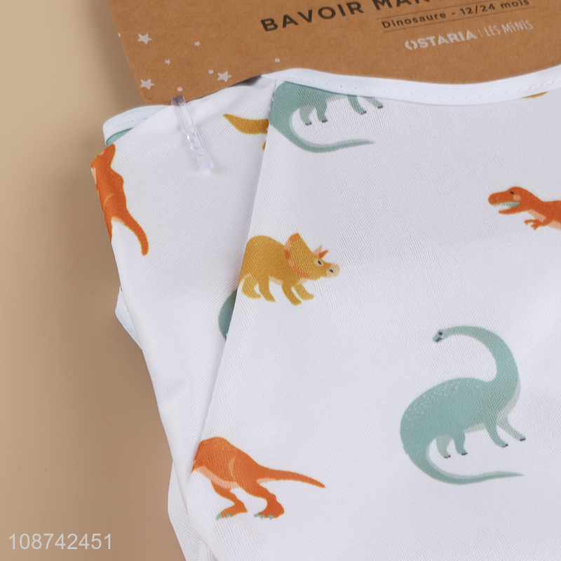 Hot selling cartoon dinosaur printed mess proof baby bibs for eating