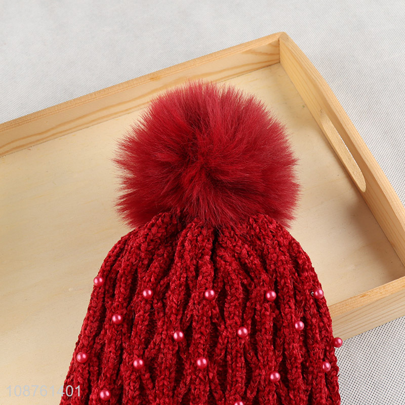 Yiwu market winter hat soft fleece lined pompom beanie skull cap