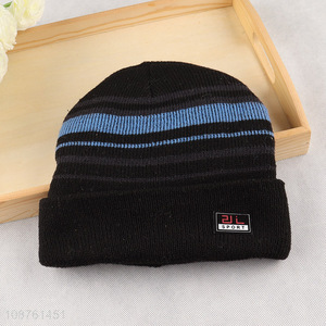 Wholesale striped winter hat fleece lined cuffed beanie for men