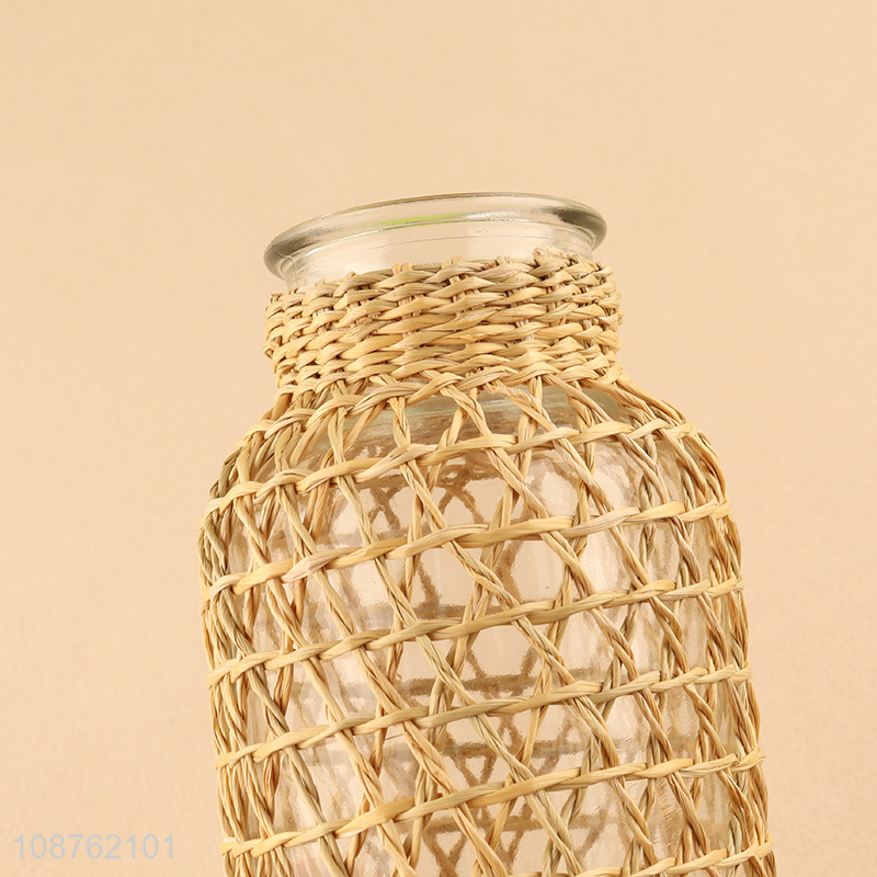 Low price straw woven glass vase for home decoration