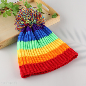 Wholesale women winter hat rainbow knitted beanie hat with pompom