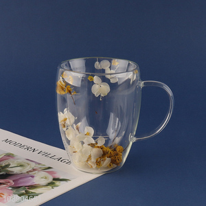 Hot selling artistic flower double wall glass coffee mug with handle