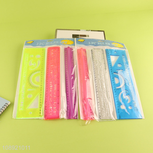 Good selling 3pcs plastic students stationery straightedge ruler set