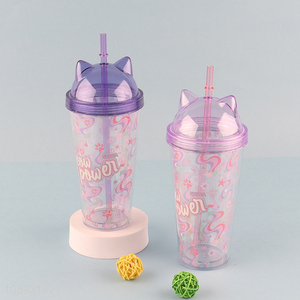 Top quality multicolor cat ear plastic straw water cup with lid