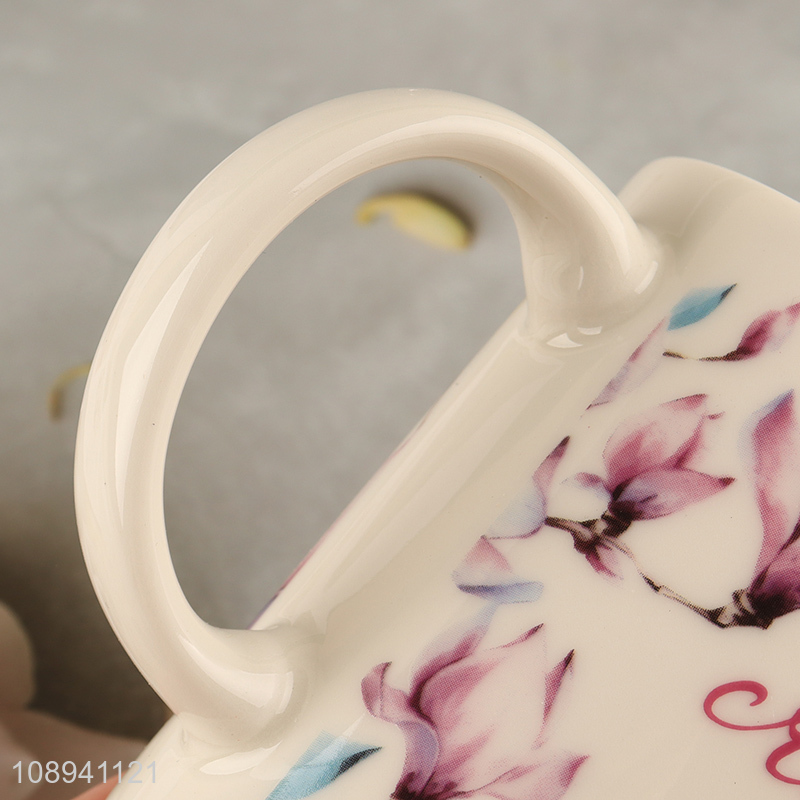 Low price butterfly printed ceramic water cup with handle