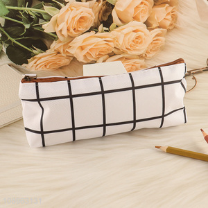 Factory Supply Portable Plaid Canvas Pen Bag Zippered Pencil Bag