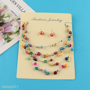 Good Quality Colorful Multi-Layered Beaded Statement Necklace and Earrings Set