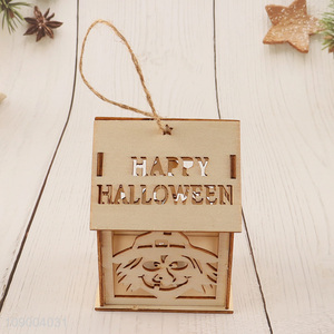 Online Wholesale Light Up Halloween Wooden House Pendants Wooden Hanging Ornaments