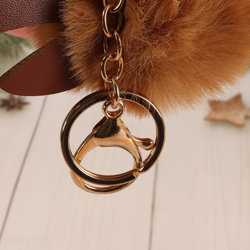 Hot Sale Christmas Reindeer Pom Pom Keychain Fluffy Keyring for Women Girls