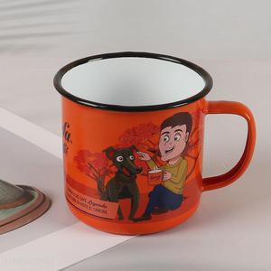 Top selling cartoon printed enamel cup water mug coffee cup with handle